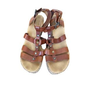 Brown Kork-Ease Leather Cork Wedge Sandals in Size 9